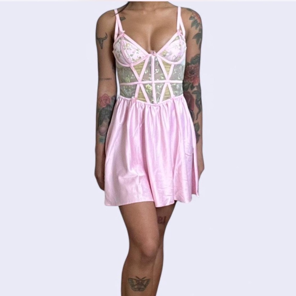 For Love & Lemons, Pink and white corset dress with clasp and zipper closure